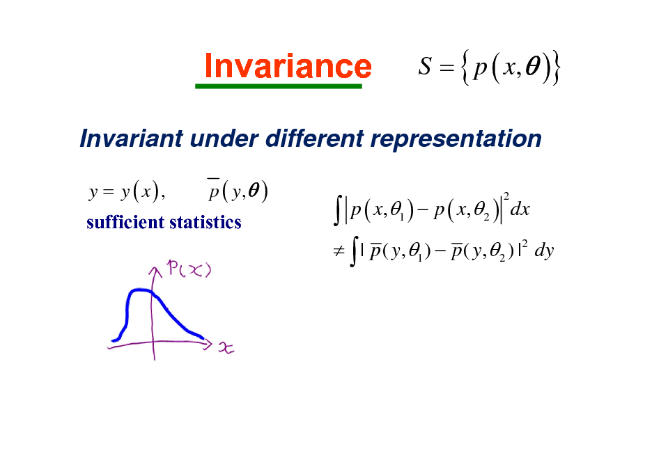 Slide: Invariance

S = { p ( x,  )}

Invariant under different representation
y = y ( x), p ( y, ) sufficient statistics

 p ( x, )  p ( x, ) dx   | p ( y,  )  p ( y,  ) | dy
2 1 2 2 1 2


