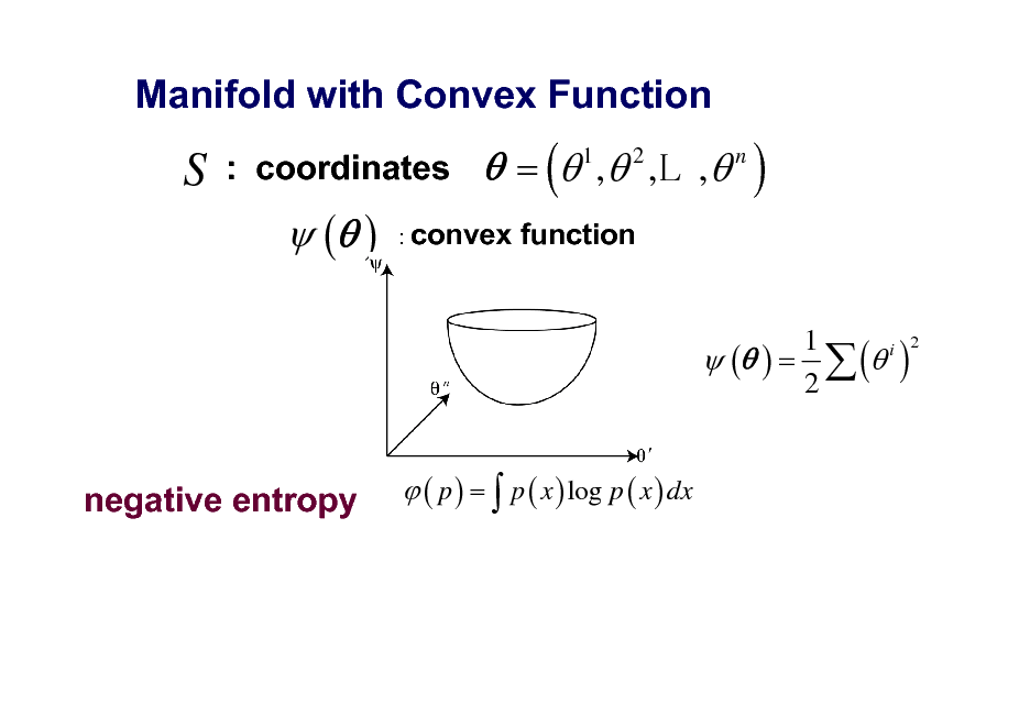 Slide: Manifold with Convex Function

S

: coordinates

 ( )

 = ( 1 , 2 ,L , n )
function

: convex

1 i 2  ( ) =  ( ) 2
 ( p ) =  p ( x ) log p ( x ) dx

negative entropy

