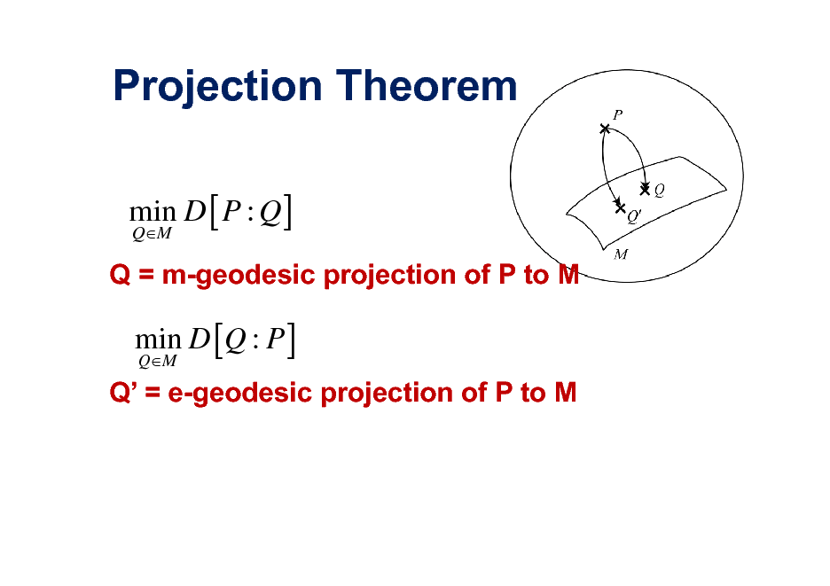Slide: Projection Theorem
min D [ P : Q ]
QM

Q = m-geodesic projection of P to M

min D [Q : P ]
QM

Q = e-geodesic projection of P to M

