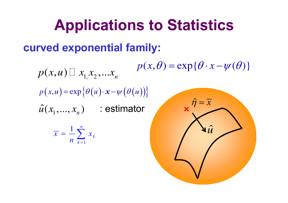 Slide: Applications to Statistics
curved exponential family:

p ( x, u )

x1, x2 ,...xn

p ( x,  ) = exp{  x  ( )}

p ( x, u ) = exp  ( u )  x  ( ( u ) )

{

}

 u ( x1 ,..., xn )
1 x = n

: estimator
xk

 =x



n

 u

k =1

