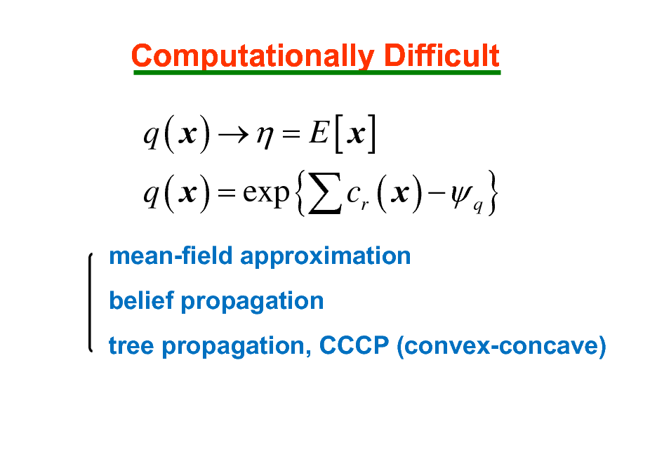 Slide: Computationally Difficult

q ( x )   = E [ x]

q ( x ) = exp { cr ( x )  q }
mean-field approximation belief propagation tree propagation, CCCP (convex-concave)

