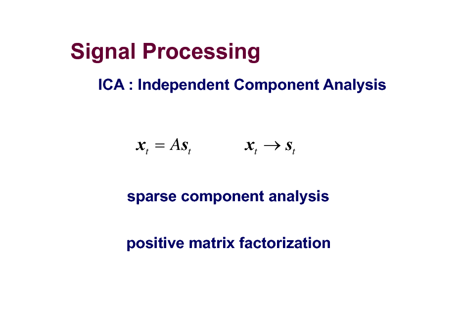 Slide: Signal Processing
ICA : Independent Component Analysis

xt = Ast

xt  st

sparse component analysis positive matrix factorization

