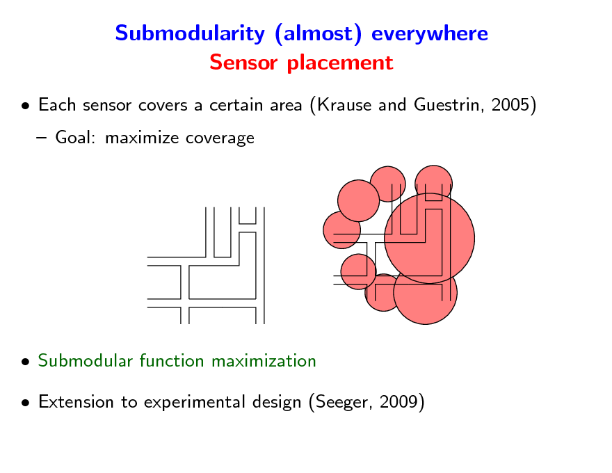 Slide: Submodularity (almost) everywhere Sensor placement
 Each sensor covers a certain area (Krause and Guestrin, 2005)  Goal: maximize coverage

 Submodular function maximization  Extension to experimental design (Seeger, 2009)

