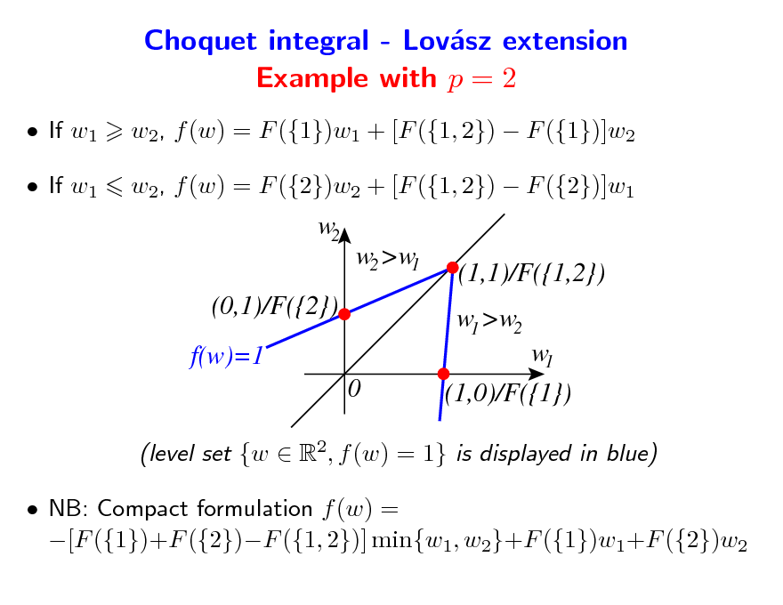 Slide: Choquet integral - Lovsz extension a Example with p = 2
 If w1  If w1 w2, f (w) = F ({1})w1 + [F ({1, 2})  F ({1})]w2 w2, f (w) = F ({2})w2 + [F ({1, 2})  F ({2})]w1

w2

w2 >w1 (0,1)/F({2}) f(w)=1 0

(1,1)/F({1,2}) w1 >w2 w1 (1,0)/F({1})

(level set {w  R2, f (w) = 1} is displayed in blue)  NB: Compact formulation f (w) = [F ({1})+F ({2})F ({1, 2})] min{w1, w2}+F ({1})w1+F ({2})w2

