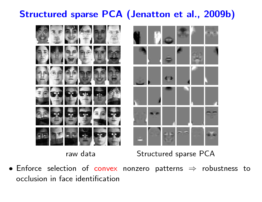 Slide: Structured sparse PCA (Jenatton et al., 2009b)

raw data

Structured sparse PCA

 Enforce selection of convex nonzero patterns  robustness to occlusion in face identication

