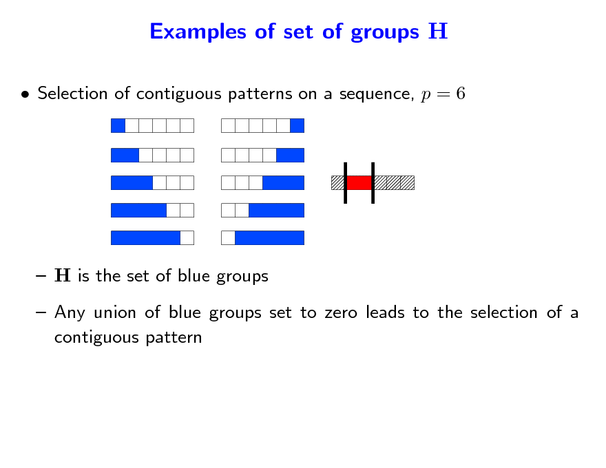 Slide: Examples of set of groups H
 Selection of contiguous patterns on a sequence, p = 6

 H is the set of blue groups  Any union of blue groups set to zero leads to the selection of a contiguous pattern

