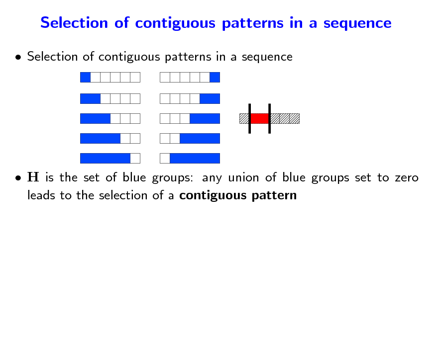 Slide: Selection of contiguous patterns in a sequence
 Selection of contiguous patterns in a sequence

 H is the set of blue groups: any union of blue groups set to zero leads to the selection of a contiguous pattern

