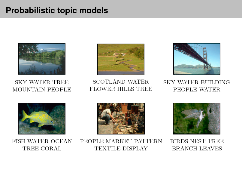 Slide: Probabilistic topic models
predicted caption: birds nest leaves branch tree

tain people

Automatic image annotation predicted caption: caption: Automatic predictedwaterpattern textile display predicted caption: tree image annotation leaves branch sky people market tree mountain people birds nest

p p

predicted caption: predicted caption: predicted caption: p predicted caption: predicted predicted caption: utomatic image mountainnest caption: flowers tree coralpredicted caption: image anno SCOTLAND WATER people marketWATER BUILDING e coral SKY WATER TREE sky water buildings people fish branch Automatic sky water textile display SKY patternbuildings people mountain s sky water tree mountain people annotation hills tree birds scotland water ocean leaves water tree predicted caption: MOUNTAIN PEOPLE sky water tree mountain people predicted caption:HILLS TREEpredicted caption: FLOWER PEOPLE WATER birds nest leaves branch tree people market pattern textile display

predicted caption: predicted caption: predicted caption: fish water ocean tree coral sky water buildings people mountain scotland water flowers hills tree Probabilistic modelsof text and images  p.5/53 predicted predicted caption: predicted caption: caption: predicted caption: caption: predicted caption: predicted caption: predicted FISH WATERtree coral MARKET PATTERN tain peoplefish water ocean leaves branch treePEOPLE sky water pattern textile display water flowersleavestree sky water buildings peoplemountain people birds nest OCEAN people market tree mountain scotland BIRDS NEST TREE birds nest hills branch tree

pr pe

TREE CORAL

TEXTILE DISPLAY

BRANCH LEAVES

