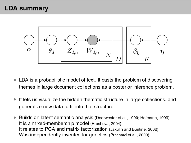 Slide: LDA summary



d

Zd,n

Wd,n

N

k
D K



 LDA is a probabilistic model of text. It casts the problem of discovering

themes in large document collections as a posterior inference problem.

 It lets us visualize the hidden thematic structure in large collections, and
generalize new data to t into that structure.

 Builds on latent semantic analysis (Deerwester et al., 1990; Hofmann, 1999)
It is a mixed-membership model (Erosheva, 2004). It relates to PCA and matrix factorization (Jakulin and Buntine, 2002). Was independently invented for genetics (Pritchard et al., 2000)


