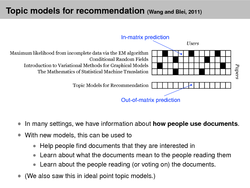 Slide: Topic models for recommendation (Wang and Blei, 2011)
In-matrix prediction
Users Maximum likelihood from incomplete data via the EM algorithm Conditional Random Fields Introduction to Variational Methods for Graphical Models The Mathematics of Statistical Machine Translation Topic Models for Recommendation

Papers

Out-of-matrix prediction

 With new models, this can be used to

 In many settings, we have information about how people use documents.
 Help people nd documents that they are interested in  Learn about what the documents mean to the people reading them  Learn about the people reading (or voting on) the documents.

 (We also saw this in ideal point topic models.)

