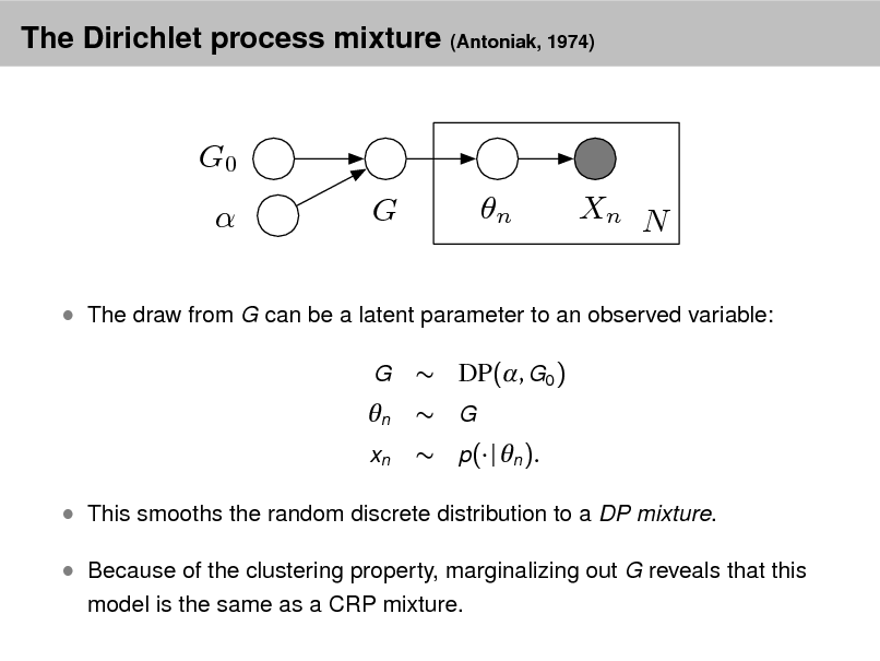 Slide: The Dirichlet process mixture (Antoniak, 1974)

G0  G n Xn N

 The draw from G can be a latent parameter to an observed variable:
G

 DP(, G0 )  G  p( | n ).

n
xn

 This smooths the random discrete distribution to a DP mixture.  Because of the clustering property, marginalizing out G reveals that this
model is the same as a CRP mixture.

