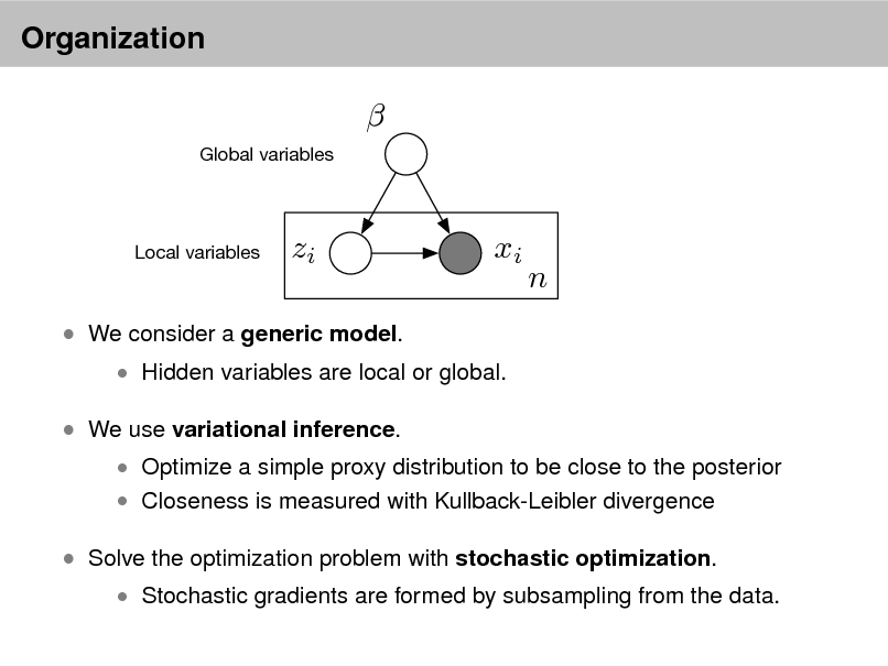 Slide: Organization


Global variables

Local variables

zi

xi

n

 We consider a generic model.  We use variational inference.

 Hidden variables are local or global.

 Optimize a simple proxy distribution to be close to the posterior  Closeness is measured with Kullback-Leibler divergence

 Solve the optimization problem with stochastic optimization.

 Stochastic gradients are formed by subsampling from the data.

