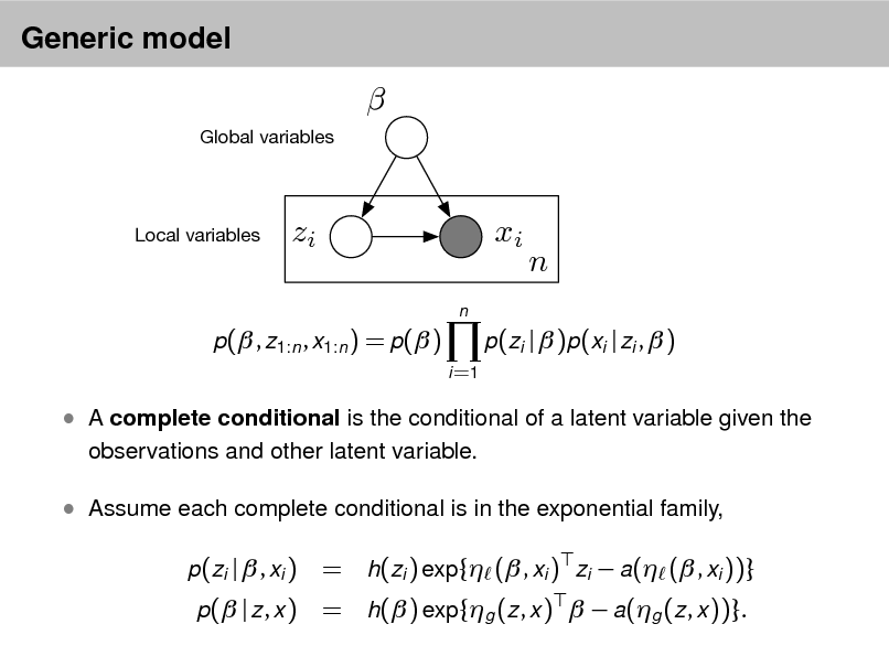 Slide: Generic model


Global variables

Local variables

zi
n

xi

n

p( , z1:n , x1:n ) = p( )
i =1

p(zi |  )p(xi | zi ,  )

 A complete conditional is the conditional of a latent variable given the
observations and other latent variable.

 Assume each complete conditional is in the exponential family,
p(zi |  , xi ) p( | z , x )

= h(zi ) exp{ ( , xi ) zi  a( ( , xi ))} = h( ) exp{g (z , x )   a(g (z , x ))}.

