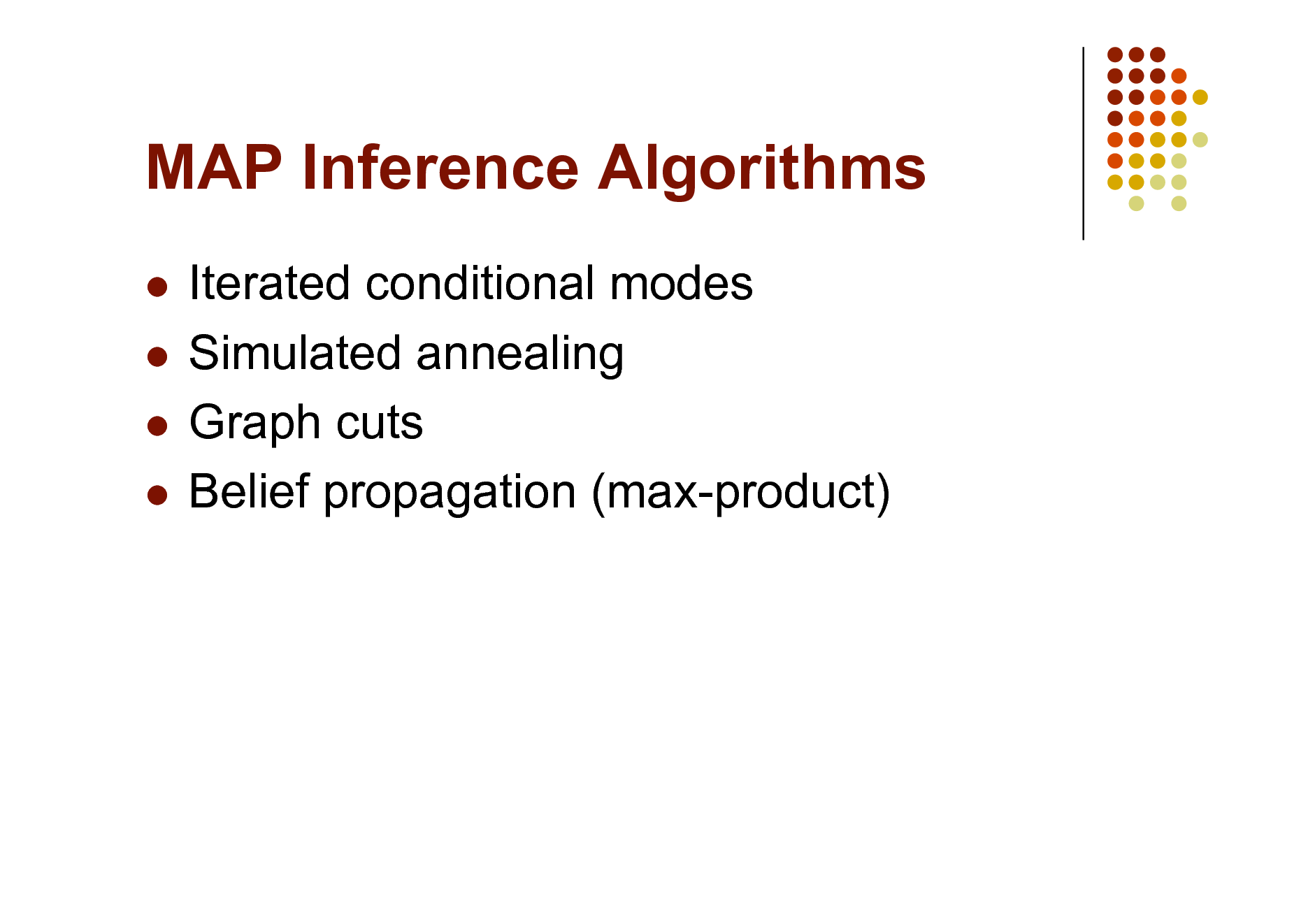 Slide: MAP Inference Algorithms
Iterated conditional modes  Simulated annealing  Graph cuts  Belief propagation (max-product)



