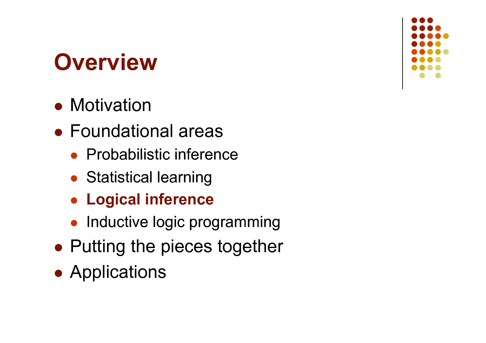 Slide: Overview
Motivation  Foundational areas

   

Probabilistic inference Statistical learning Logical inference Inductive logic programming

Putting the pieces together  Applications


