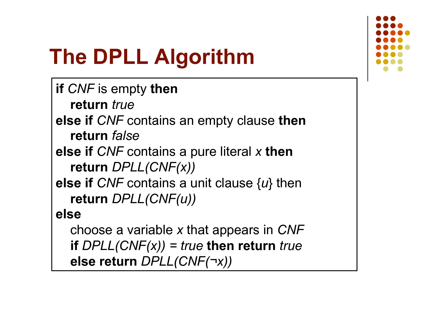 Slide: The DPLL Algorithm
if CNF is empty then return true else if CNF contains an empty clause then return false else if CNF contains a pure literal x then return DPLL(CNF(x)) else if CNF contains a unit clause {u} then return DPLL(CNF(u)) else choose a variable x that appears in CNF if DPLL(CNF(x)) = true then return true else return DPLL(CNF(x))

