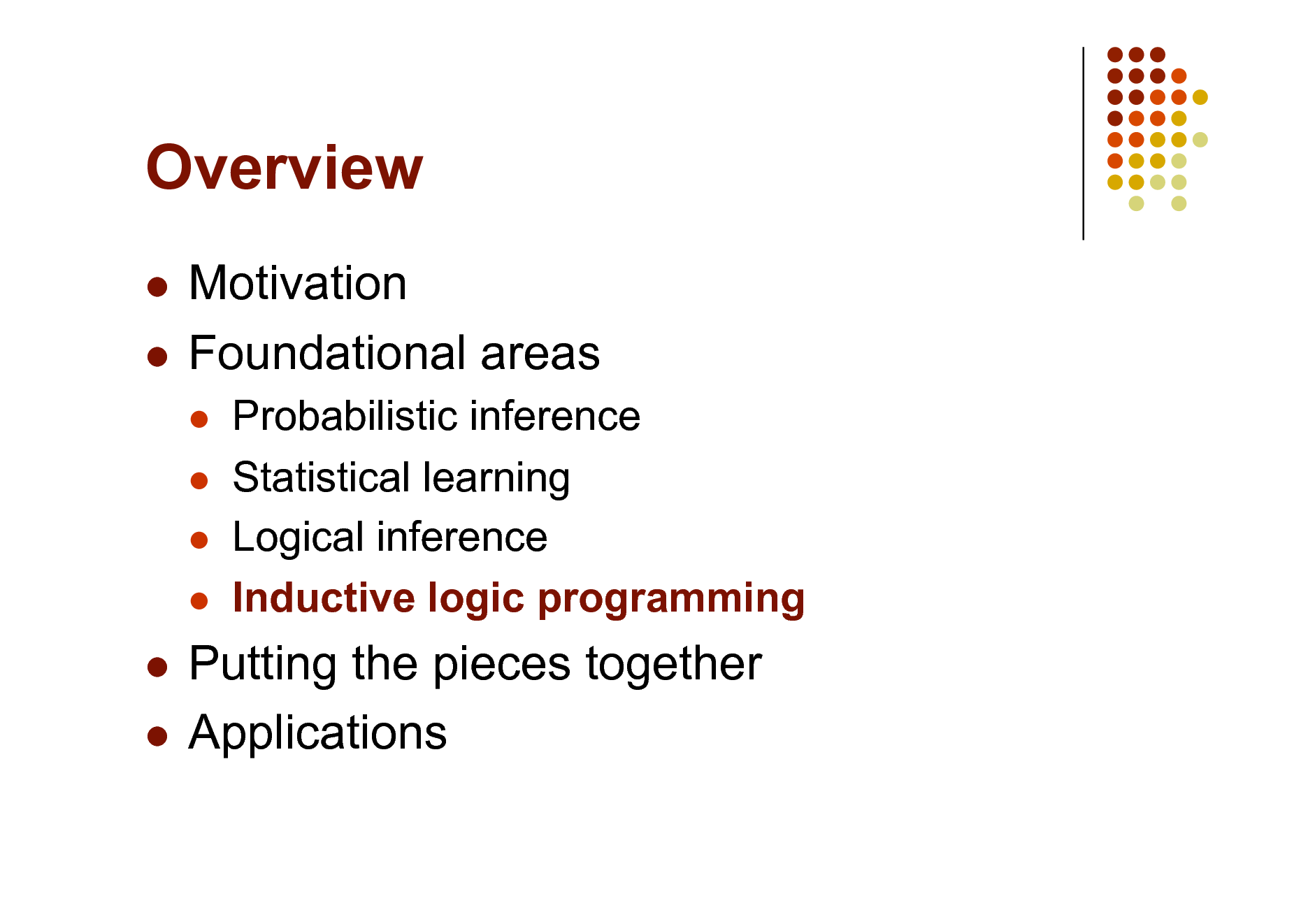 Slide: Overview
Motivation  Foundational areas

   

Probabilistic inference Statistical learning Logical inference Inductive logic programming

Putting the pieces together  Applications


