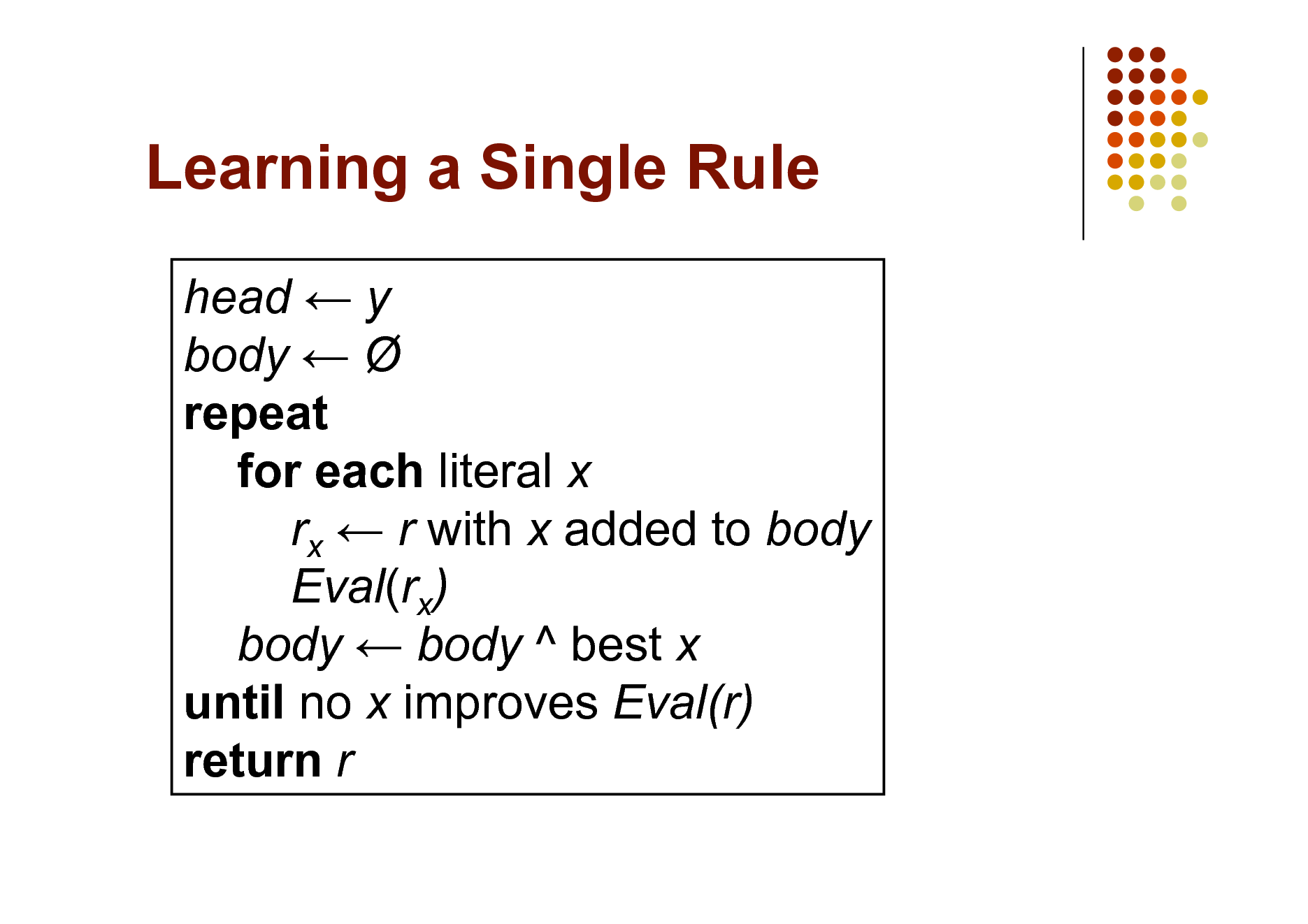 Slide: Learning a Single Rule
head  y body   repeat for each literal x rx  r with x added to body Eval(rx) body  body ^ best x until no x improves Eval(r) return r

