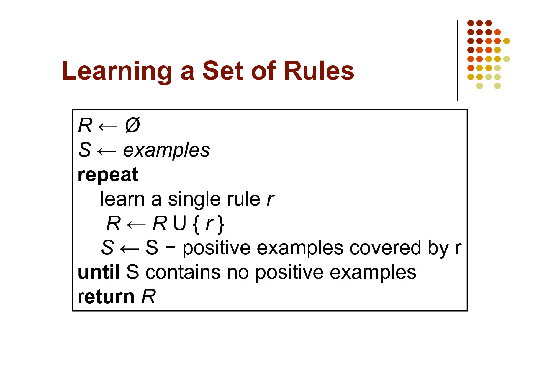 Slide: Learning a Set of Rules
R S  examples repeat learn a single rule r RRU{r} S  S  positive examples covered by r until S contains no positive examples return R

