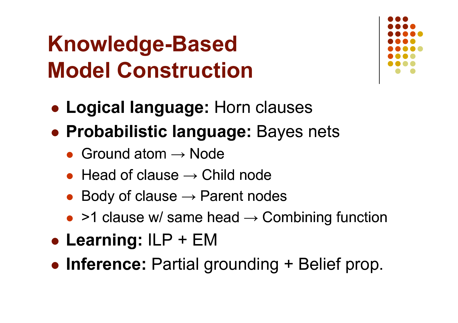 Slide: Knowledge-Based Model Construction
Logical language: Horn clauses  Probabilistic language: Bayes nets

   

Ground atom  Node Head of clause  Child node Body of clause  Parent nodes >1 clause w/ same head  Combining function

Learning: ILP + EM  Inference: Partial grounding + Belief prop.


