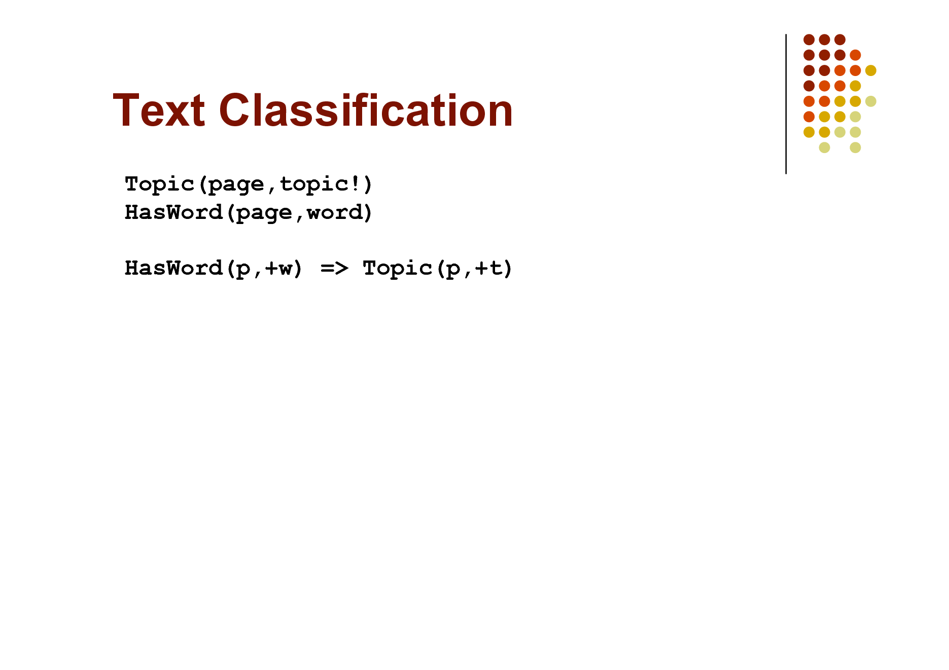 Slide: Text Classification
Topic(page,topic!) HasWord(page,word) HasWord(p,+w) => Topic(p,+t)

