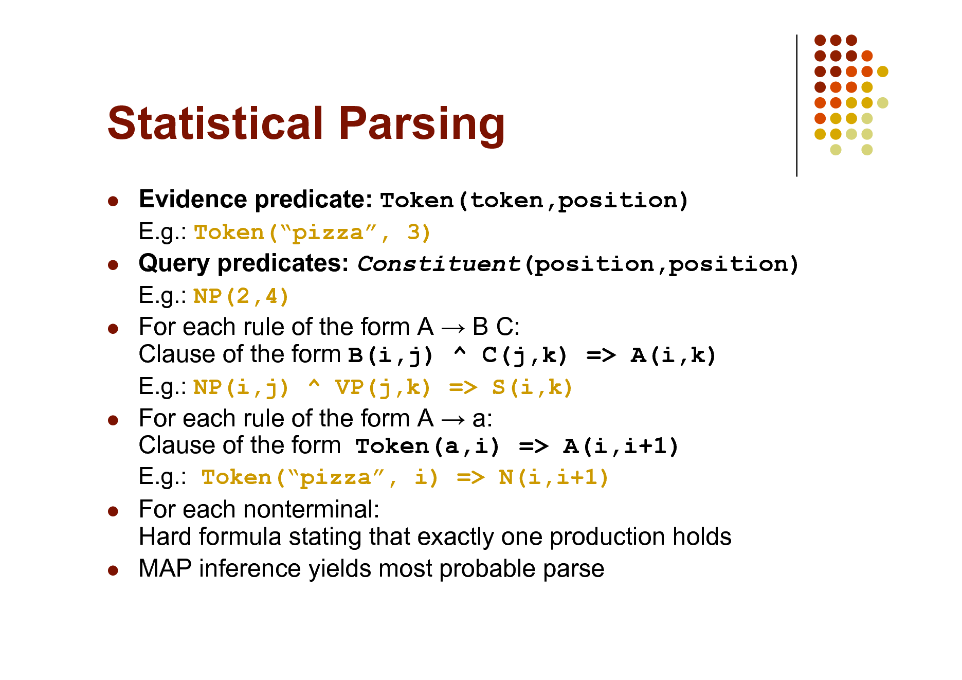 Slide: Statistical Parsing
 





 

Evidence predicate: Token(token,position) E.g.: Token(pizza, 3) Query predicates: Constituent(position,position) E.g.: NP(2,4) For each rule of the form A  B C: Clause of the form B(i,j) ^ C(j,k) => A(i,k) E.g.: NP(i,j) ^ VP(j,k) => S(i,k) For each rule of the form A  a: Clause of the form Token(a,i) => A(i,i+1) E.g.: Token(pizza, i) => N(i,i+1) For each nonterminal: Hard formula stating that exactly one production holds MAP inference yields most probable parse

