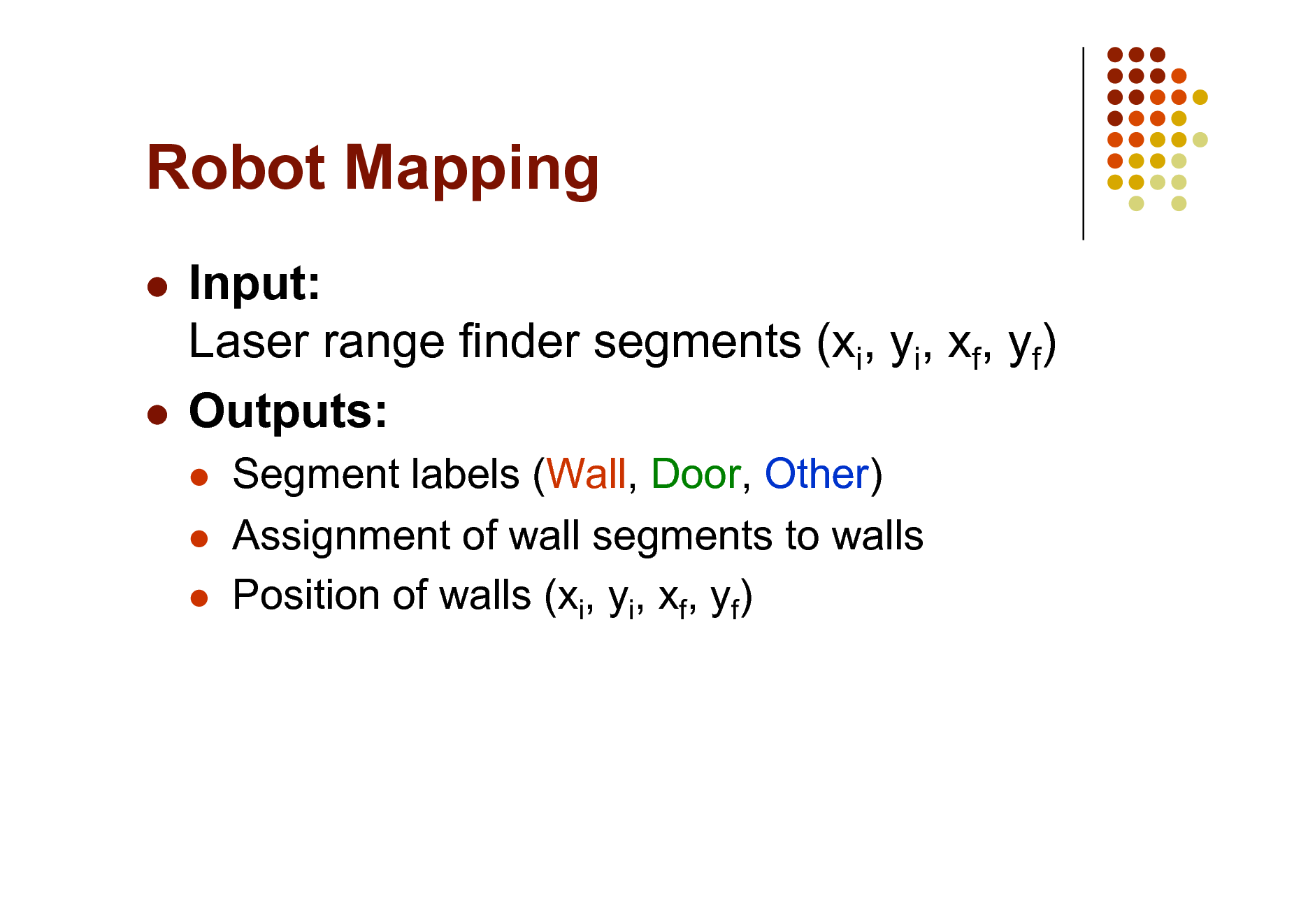 Slide: Robot Mapping
Input: Laser range finder segments (xi, yi, xf, yf)  Outputs:

  

Segment labels (Wall, Door, Other) Assignment of wall segments to walls Position of walls (xi, yi, xf, yf)

