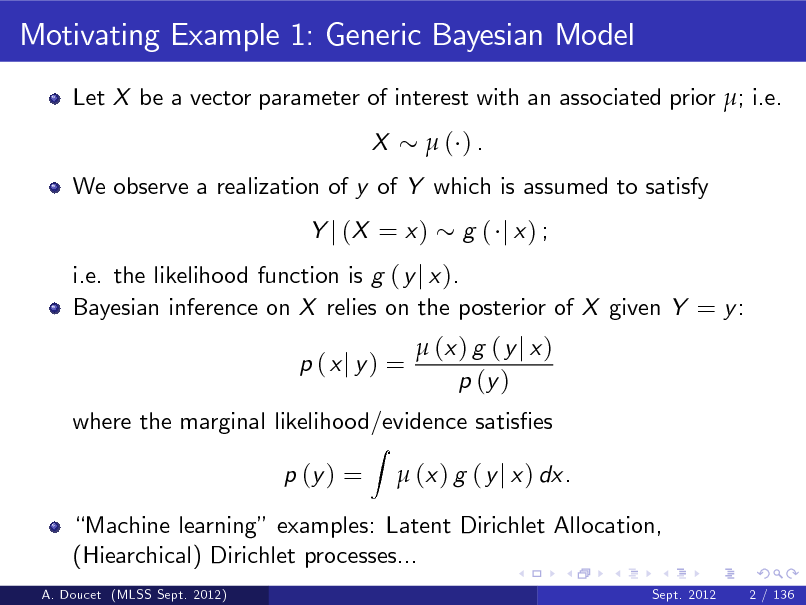 Slide: Motivating Example 1: Generic Bayesian Model
Let X be a vector parameter of interest with an associated prior ; i.e. X ( ).

We observe a realization of y of Y which is assumed to satisfy Y j (X = x ) g ( j x) ;

i.e. the likelihood function is g ( y j x ). Bayesian inference on X relies on the posterior of X given Y = y : p (xj y) =
Z

 (x ) g ( y j x ) p (y )

where the marginal likelihood/evidence satises p (y ) =  (x ) g ( y j x ) dx.

Machine learning examples: Latent Dirichlet Allocation, (Hiearchical) Dirichlet processes...
A. Doucet (MLSS Sept. 2012) Sept. 2012 2 / 136

