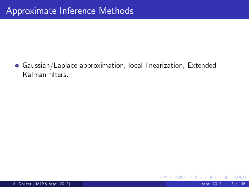 Slide: Approximate Inference Methods

Gaussian/Laplace approximation, local linearization, Extended Kalman lters.

A. Doucet (MLSS Sept. 2012)

Sept. 2012

5 / 136

