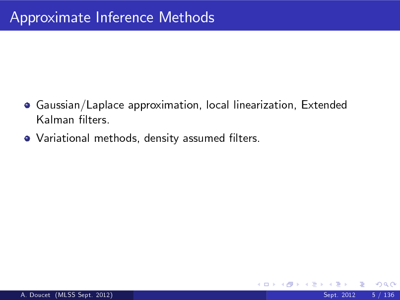 Slide: Approximate Inference Methods

Gaussian/Laplace approximation, local linearization, Extended Kalman lters. Variational methods, density assumed lters.

A. Doucet (MLSS Sept. 2012)

Sept. 2012

5 / 136

