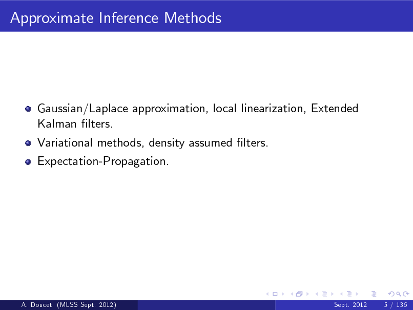 Slide: Approximate Inference Methods

Gaussian/Laplace approximation, local linearization, Extended Kalman lters. Variational methods, density assumed lters. Expectation-Propagation.

A. Doucet (MLSS Sept. 2012)

Sept. 2012

5 / 136

