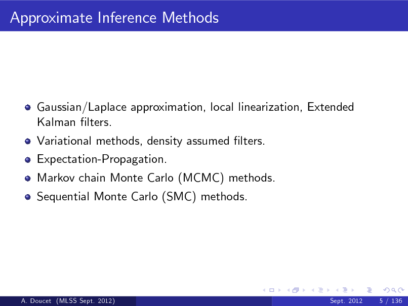 Slide: Approximate Inference Methods

Gaussian/Laplace approximation, local linearization, Extended Kalman lters. Variational methods, density assumed lters. Expectation-Propagation. Markov chain Monte Carlo (MCMC) methods. Sequential Monte Carlo (SMC) methods.

A. Doucet (MLSS Sept. 2012)

Sept. 2012

5 / 136

