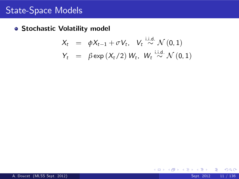 Slide: State-Space Models
Stochastic Volatility model Xt Yt
i.i.d.

= Xt

1

+ Vt , Vt

=  exp (Xt /2) Wt , Wt

i.i.d.

N (0, 1) N (0, 1)

A. Doucet (MLSS Sept. 2012)

Sept. 2012

11 / 136

