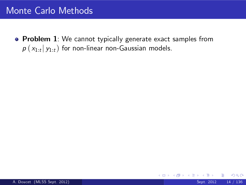 Slide: Monte Carlo Methods
Problem 1: We cannot typically generate exact samples from p ( x1:t j y1:t ) for non-linear non-Gaussian models.

A. Doucet (MLSS Sept. 2012)

Sept. 2012

14 / 136

