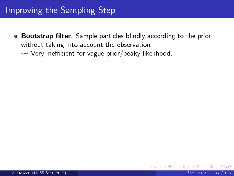 Slide: Improving the Sampling Step
Bootstrap lter. Sample particles blindly according to the prior without taking into account the observation Very ine cient for vague prior/peaky likelihood.

A. Doucet (MLSS Sept. 2012)

Sept. 2012

47 / 136

