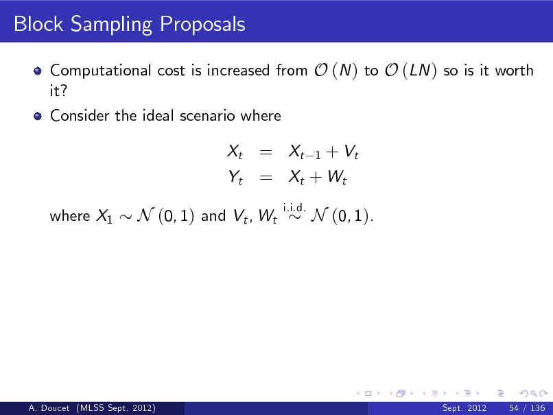 Slide: Block Sampling Proposals
Computational cost is increased from O (N ) to O (LN ) so is it worth it? Consider the ideal scenario where Xt Yt where X1

= Xt 1 + Vt = Xt + W t
i.i.d.

N (0, 1) and Vt , Wt

N (0, 1).

A. Doucet (MLSS Sept. 2012)

Sept. 2012

54 / 136

