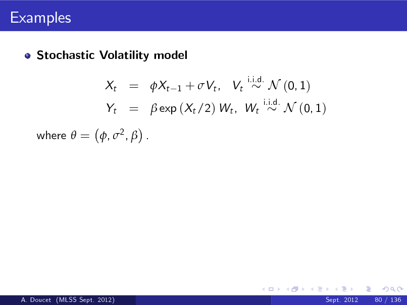 Slide: Examples
Stochastic Volatility model Xt Yt

= Xt

1

+ Vt , Vt

i.i.d.

=  exp (Xt /2) Wt , Wt

i.i.d.

N (0, 1) N (0, 1)

where  = , 2 ,  .

A. Doucet (MLSS Sept. 2012)

Sept. 2012

80 / 136

