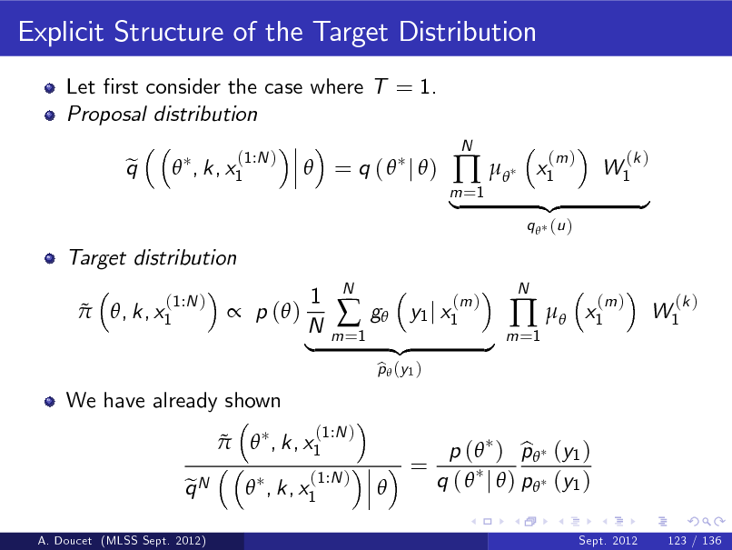 Slide: Explicit Structure of the Target Distribution
Let rst consider the case where T = 1. Proposal distribution q e  , k, x1
(1:N )

 = q (  j )

m =1

 

N

x1

(m )

W1

(k )

Target distribution   , k, x1
(1:N )

|

q  (u )

{z

} x1
(m )

 p ( )

We have already shown

1 N |

m =1



N

g y1 j x1
p  (y 1 ) b

(m )

{z

}

m =1

 

N

W1

(k )

   , k, x1 qN e 

(1:N )

(1:N ) , k, x1

=


p ( ) p (y1 ) b q (  j  ) p (y1 )
Sept. 2012 123 / 136

A. Doucet (MLSS Sept. 2012)

