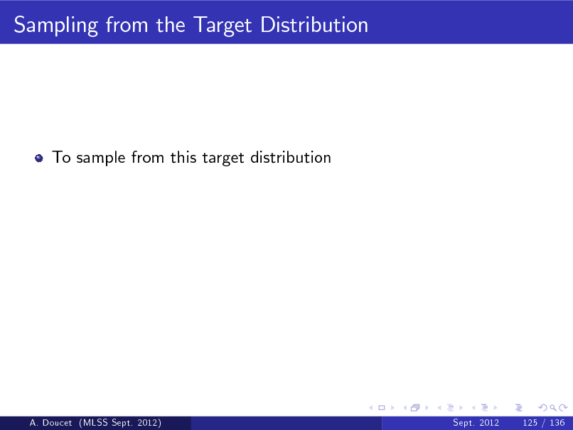 Slide: Sampling from the Target Distribution

To sample from this target distribution

A. Doucet (MLSS Sept. 2012)

Sept. 2012

125 / 136

