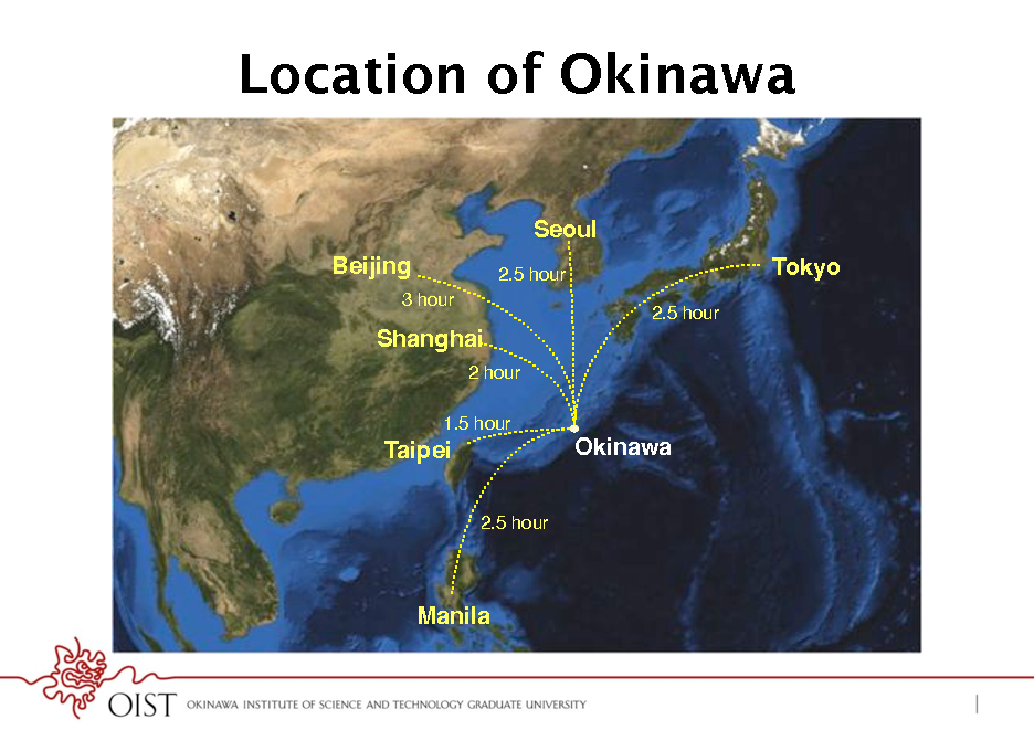 Slide: Location of Okinawa
Seoul! Beijing!
3 hour! 2.5 hour! 2.5 hour! 2 hour! 1.5 hour!

Tokyo!

Shanghai!

Taipei!
2.5 hour!

Okinawa!

Manila!

