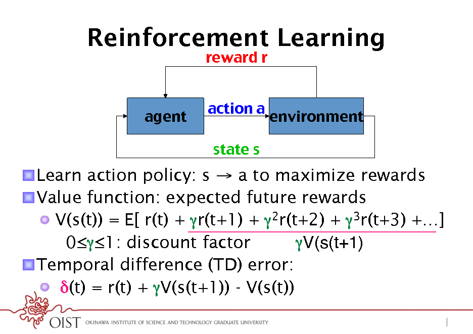 Slide: Reinforcement Learning
reward r ! action a ! state s ! agent! environment!

! Learn action policy: s  a to maximize rewards ! Value function: expected future rewards !  V(s(t)) = E[ r(t) + r(t+1) + 2r(t+2) + 3r(t+3) +] V(s(t+1)! 01: discount factor ! Temporal difference (TD) error: !  (t) = r(t) + V(s(t+1)) - V(s(t))

