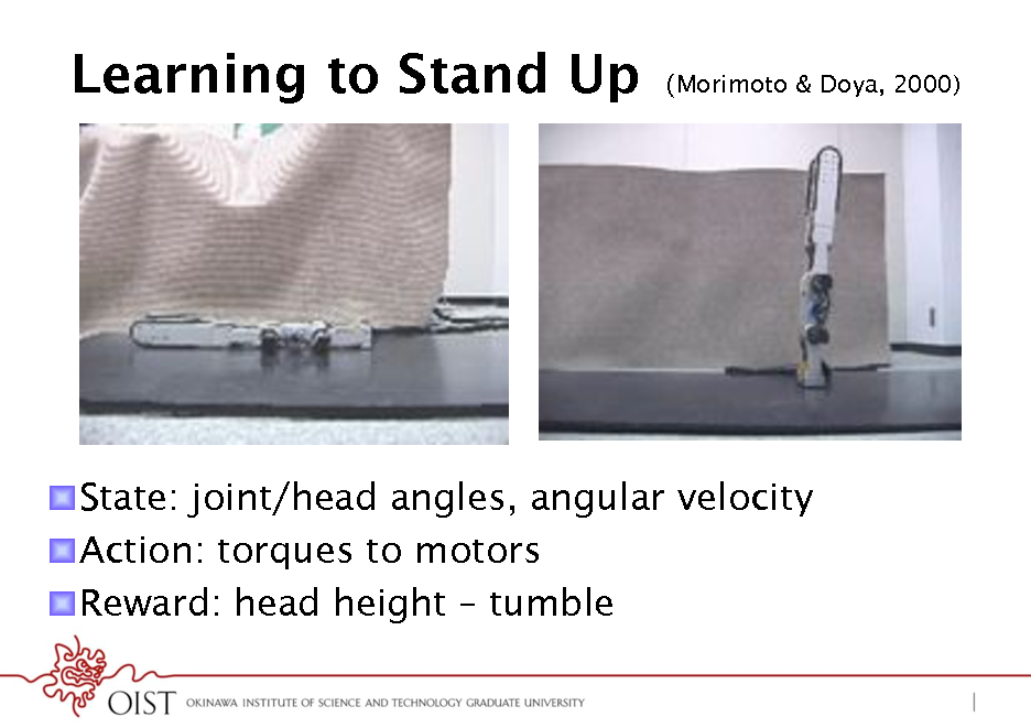 Slide: Learning to Stand Up

Morimoto & Doya, 2000)

! State: joint/head angles, angular velocity ! Action: torques to motors ! Reward: head height  tumble

