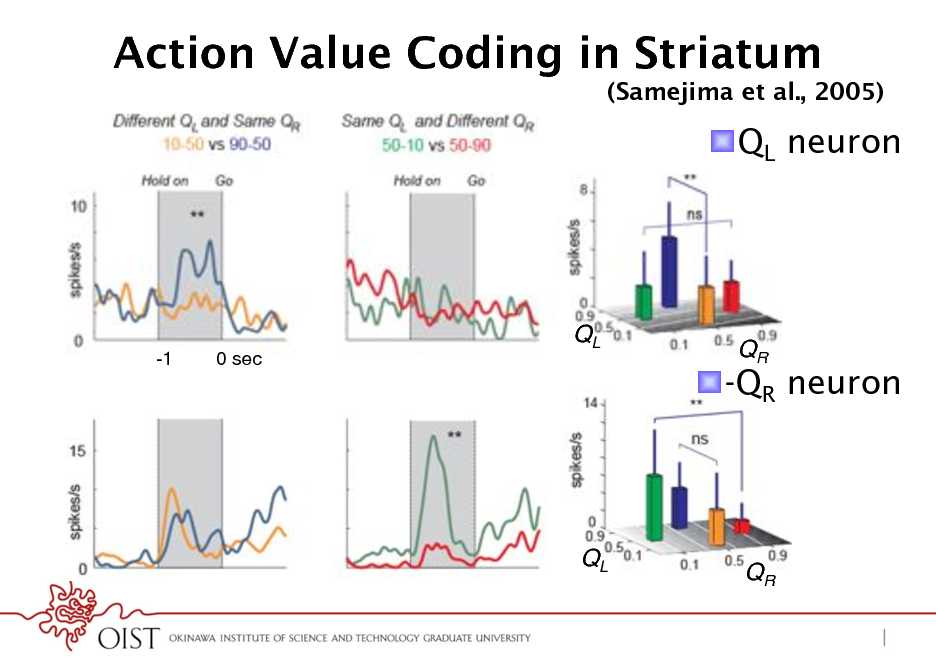Slide: Action Value Coding in Striatum
(Samejima et al., 2005)

! QL neuron

-1

0 sec !

QL !

! -QR neuron

QR !

QL !

QR !

