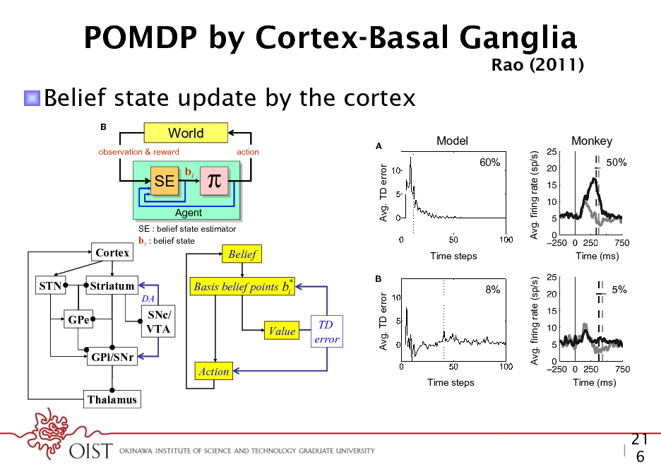 Slide: POMDP by Cortex-Basal Ganglia
Decision making under uncertainty

Rao (2011)
Rao

! Belief state update by the cortex
B

(s,a,s)

World
action

Rao

SE SE

bt

Avg. TD error

60%

Avg. firing rate (sp/s)

observation & reward

A

Model

Monkey
50%

Action a

Decision makin

nt

Agent
SE : belief state estimator bt : belief state

Cortex

Belief

t the space of beliefs ate vector is a prob1 nsional (number of describing the feedforward transformation of the input, M is the GPi/SNr es). This makes the matrix of recurrent synaptic weights, and g1 is a dendritic ltering Action ult. In fact, nding function. has been proved to The above differential equation can be rewritten in discrete nite-horizon case is Thalamus form as: 1987). However, one of which work | Suggested mapping of elements of the model to components FIGURE 3 well v t (i ) f (ot ) g M (i , j )v t 1( j ) (4) o a popular class of j of the cortex-basal ganglia network. STN, subthalamic nucleus; GPe, globus ed POMDP solvers pallidus, external segment; GPi, Globus pallidus, internal segment; SNc,

GPe

SNc/ TD VTA where v denotes the vector of output ring rates, o denotes the Value error input observation vector, f is a potentially non-linear function

Avg. TD error

b

Avg. firing rate (sp/s)

ecutes an action a in the e s according to the STN ervation o of the new der to solve the POMDP

problem, the animal maintains a belief bt which is a probability distribution over states of the world. This belief is computed iteratively using Bayesian inference * Striatum Basis for the points step is provided by by the belief state estimator SE. An actionbeliefcurrent time i DA the learned policy , which maps belief states to actions.

We model the task using a POMDP as follow Time steps Time (ms) underlying hidden states representing the two possi coherent motion (leftward or rightward). In each t B 8% menter chooses one of these hidden states5% (either le ward) and provides the animal with observations state in the form of an image sequence of random do coherence. Note that the hidden state remains the sa of the trial. Using only the sequence of observed im the animal must choose one of the following actio Time steps Time (ms) more time step (to reduce uncertainty), make a left FIGURE 16 | Reward predictionchoice dopamine responses in the ment (indicating error and of leftward motion), or m random dots task. (A) The plot on the left shows the temporal evolution of eye movement (indicating choice of rightward mo reward prediction (TD) error in the model, averaged over trials with Easy motion coherence (coherence = 60%). The dotted line shows the average We use the notation SL to represent the21 state reaction time. The plot on the right shows the average ring rate of dopamine neuronsleftward motion and random dots task at 50% motion 6 to in SNc in a monkey performing the S to represent rightward

