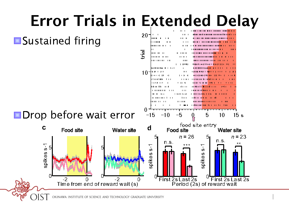 Slide: Error Trials in Extended Delay
0 0 5 Time (s) 0 5 10 Time (s) 15 0 0 5 Time (s) 0 5 10 Time (s) 15

! SustainedTone site firing b
Trial
10

Food site

Tone site

Water site

0

Trial
0 5 Time (s) 0 5 Time (s)

10

0

! Drop before wait error
c
spikes s-1
5 5

0

5 Time (s)

0 5 Time (s)

d
5 n = 26 5

spikes s-1

***

0

0 -2 0 -2 0 Time from end of reward wait (s)

0

0 First 2s Last 2s First 2s Last 2s Period (2s) of reward wait

e

spikes s-1

n.s.

n.s.

n = 23 **

