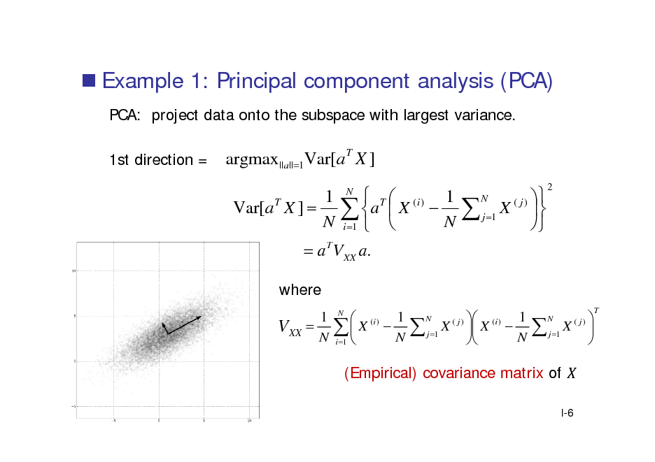 Slide:  Example 1: Principal component analysis (PCA)
PCA: project data onto the subspace with largest variance. 1st direction =

argmax ||a||1Var[a T X ]
Var[a T X ]   T  (i ) 1  a  X  N  i 1   a T VXX a. 1 N
N

 X ( j )   j 1  
N

2

where
1 VXX  N  (i ) 1  X  N i 1 
N

1  X ( j )  X ( i )   j 1  N
N

 X ( j)   j 1 
N

T

(Empirical) covariance matrix of
I-6

