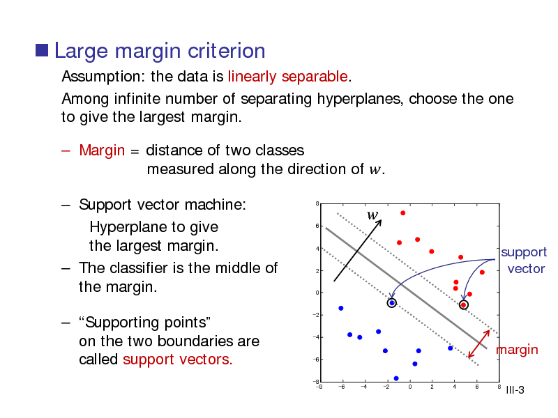 Slide:  Large margin criterion
Assumption: the data is linearly separable. Among infinite number of separating hyperplanes, choose the one to give the largest margin.  Margin = distance of two classes measured along the direction of .
8 6 4

 Support vector machine: Hyperplane to give the largest margin.  The classifier is the middle of the margin.  Supporting points on the two boundaries are called support vectors.



2

support vector

0

-2

-4

-6

margin
-6 -4 -2 0 2 4 6 8

-8 -8

III-3

