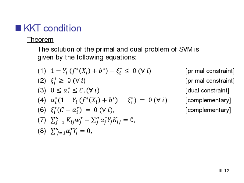Slide:  KKT condition
Theorem The solution of the primal and dual problem of SVM is given by the following equations: (1) (2) (3) (4) (6) (7) 1      +     0 ( )   0 ( )  0    , ( )   (1   (   +   )   ) = 0 ( )      = 0 ( ),         = 0,   =1
[primal constraint] [primal constraint] [dual constraint] [complementary] [complementary]

 (8)    = 0,  =1

III-12

