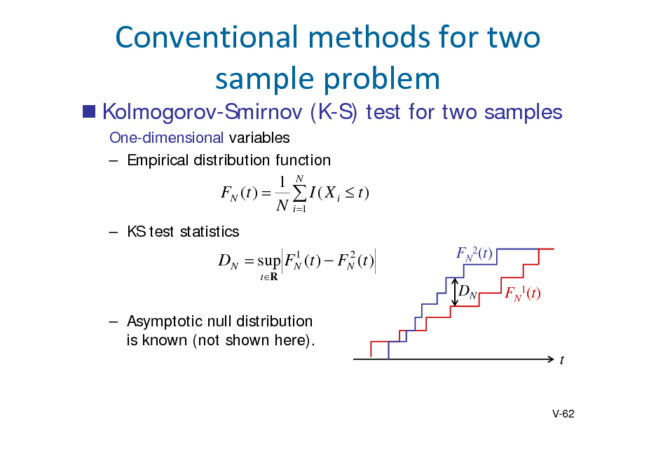 Slide:  Kolmogorov-Smirnov (K-S) test for two samples
One-dimensional variables  Empirical distribution function

Conventionalmethodsfortwo sampleproblem
1 N FN (t )   I ( X i  t ) N i 1

 KS test statistics

DN 

1 sup FN (t )  tR

2 FN (t )

FN2(t) DN FN1(t)

 Asymptotic null distribution is known (not shown here).

t

V-62

