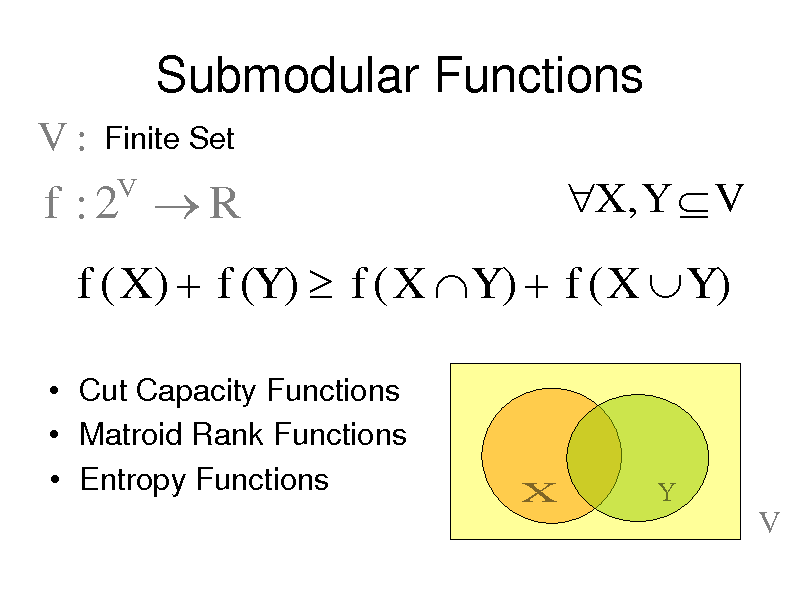 Slide: Submodular Functions
V:
Finite Set
V

f :2 R

X , Y  V

f ( X )  f (Y )  f ( X  Y )  f ( X  Y )
 Cut Capacity Functions  Matroid Rank Functions  Entropy Functions

X

Y

V

